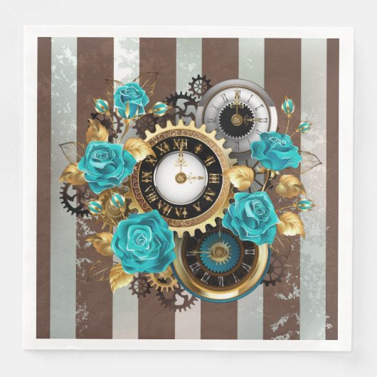 Steampunk Clock- en Turquoise-Rozen op gestreept Servet (Voorkant)