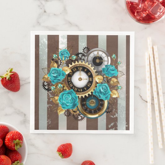 Steampunk Clock- en Turquoise-Rozen op gestreept Servet (Insitu)