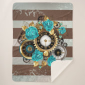 Steampunk Clock- en Turquoise-Rozen op gestreept Sherpa Deken (Voorkant)