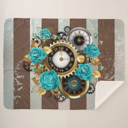 Steampunk Clock- en Turquoise-Rozen op gestreept Sherpa Deken (Voorkant (horizontaal))