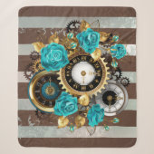 Steampunk Clock- en Turquoise-Rozen op gestreept Sherpa Deken (Voorkant)