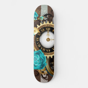 Steampunk Clock- en Turquoise-Rozen op gestreept Skateboard