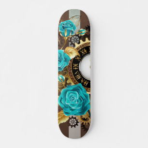 Steampunk Clock- en Turquoise-Rozen op gestreept Skateboard