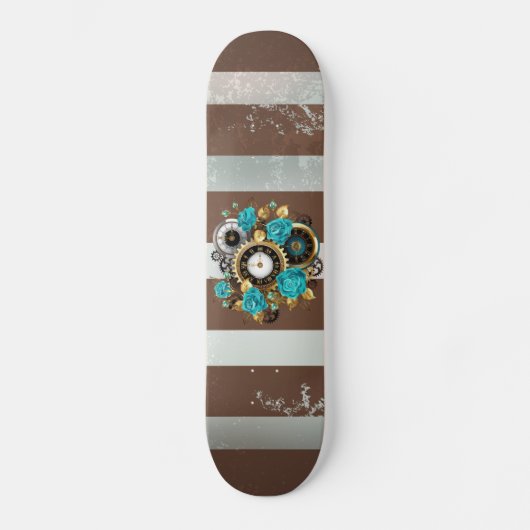 Steampunk Clock- en Turquoise-Rozen op gestreept Skateboard (Voorkant)
