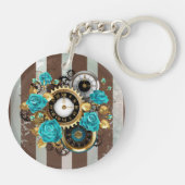 Steampunk Clock- en Turquoise-Rozen op gestreept Sleutelhanger (Achterkant)