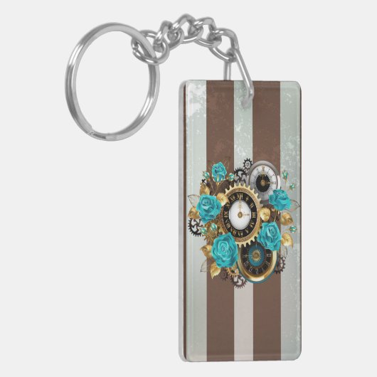 Steampunk Clock- en Turquoise-Rozen op gestreept Sleutelhanger (Voorkant Links)