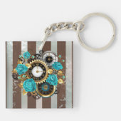 Steampunk Clock- en Turquoise-Rozen op gestreept Sleutelhanger (Achterkant)