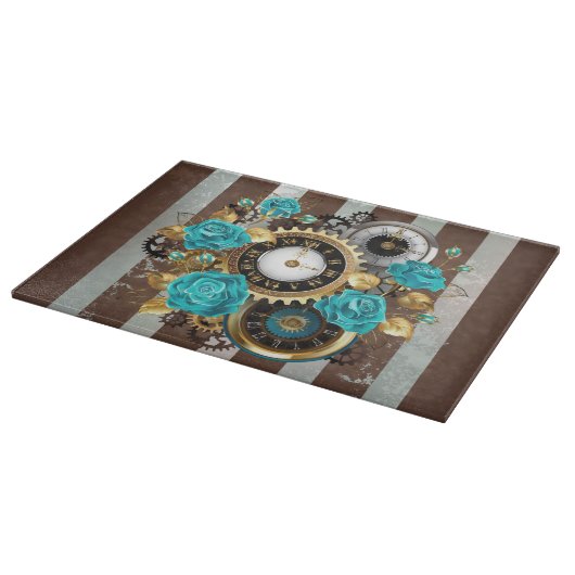 Steampunk Clock- en Turquoise-Rozen op gestreept Snijplank (Hoek)