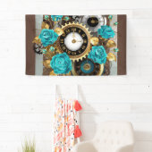 Steampunk Clock- en Turquoise-Rozen op gestreept Spandoek (Insitu)