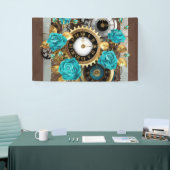 Steampunk Clock- en Turquoise-Rozen op gestreept Spandoek (Beurs)