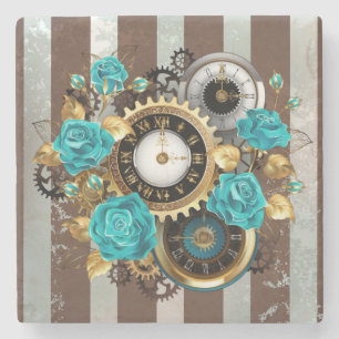 Steampunk Clock- en Turquoise-Rozen op gestreept Stenen Onderzetter