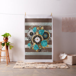 Steampunk Clock- en Turquoise-Rozen op gestreept Stof