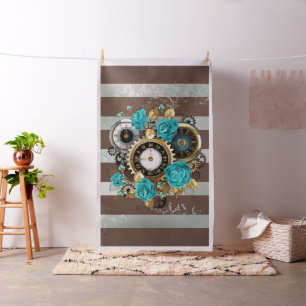 Steampunk Clock- en Turquoise-Rozen op gestreept Stof