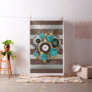Steampunk Clock- en Turquoise-Rozen op gestreept Stof