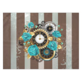 Steampunk Clock- en Turquoise-Rozen op gestreept Tafelkleed (Voorkant (Horizontaal))