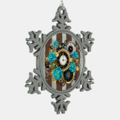 Steampunk Clock- en Turquoise-Rozen op gestreept Tin Sneeuwvlok Ornament (Links)