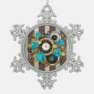 Steampunk Clock- en Turquoise-Rozen op gestreept Tin Sneeuwvlok Ornament