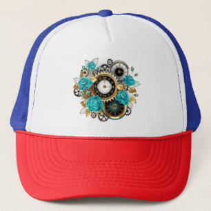 Steampunk Clock- en Turquoise-Rozen op gestreept Trucker Pet