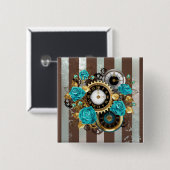 Steampunk Clock- en Turquoise-Rozen op gestreept Vierkante Button 5,1 Cm (Voorkant /achterkant)