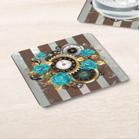 Steampunk Clock- en Turquoise-Rozen op gestreept Vierkante Kartonnen Onderzetter (Schuin)