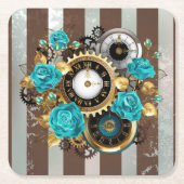 Steampunk Clock- en Turquoise-Rozen op gestreept Vierkante Kartonnen Onderzetter (Voorkant)
