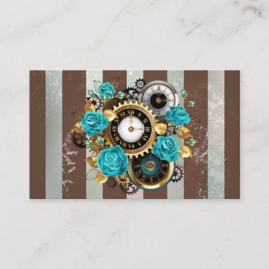 Steampunk Clock- en Turquoise-Rozen op gestreept Visitekaartje (Voorkant)