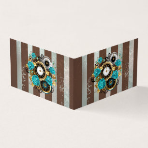 Steampunk Clock- en Turquoise-Rozen op gestreept Visitekaartjes