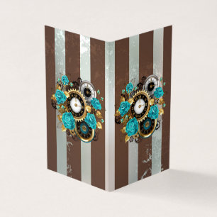 Steampunk Clock- en Turquoise-Rozen op gestreept Visitekaartjes