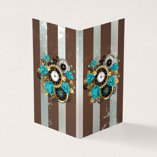 Steampunk Clock- en Turquoise-Rozen op gestreept Visitekaartjes (Buitenkant)