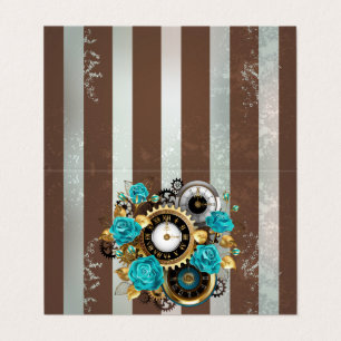 Steampunk Clock- en Turquoise-Rozen op gestreept Visitekaartjes