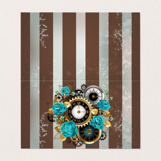 Steampunk Clock- en Turquoise-Rozen op gestreept Visitekaartjes (Buitenkant ongevouwen)