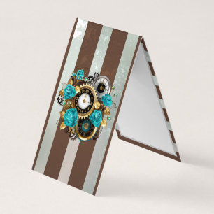 Steampunk Clock- en Turquoise-Rozen op gestreept Visitekaartjes