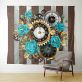 Steampunk Clock- en Turquoise-Rozen op gestreept Wandkleed (In Situ (horizontaal))