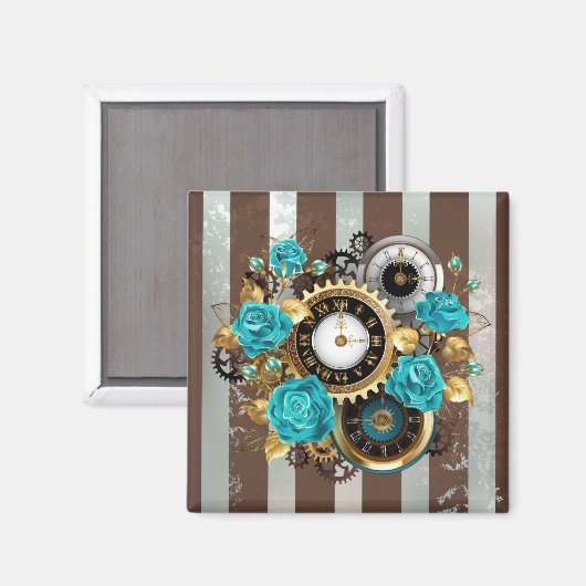 Steampunk Clock- en Turquoise-Rozen op gestreepte Magneet (Voorkant / Achterkant)