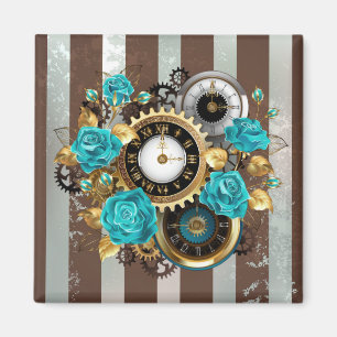 Steampunk Clock- en Turquoise-Rozen op gestreepte  Magneet