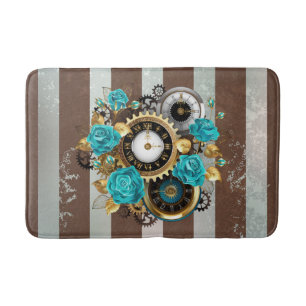 Steampunk Clock- en Turquoise-Rozen op striped Badmat