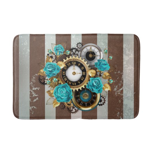 Steampunk Clock- en Turquoise-Rozen op striped Badmat (Voorkant)