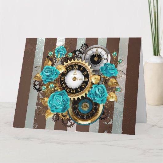 Steampunk Clock- en Turquoise-Rozen op striped Bedankkaart (Voorkant)