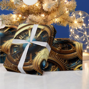 Steampunk Clockwork Gold en Blauwgroen Cadeaupapier