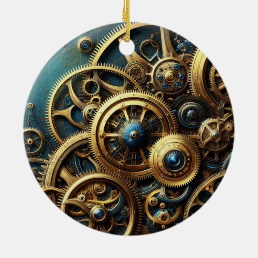 Steampunk Clockwork Gold en Blauwgroen Keramisch Ornament (Achterkant)