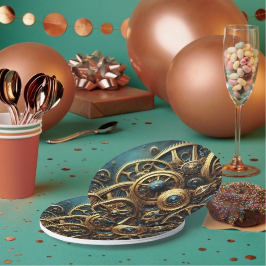 Steampunk Clockwork Gold en Blauwgroen Papieren Bordje (Multi)