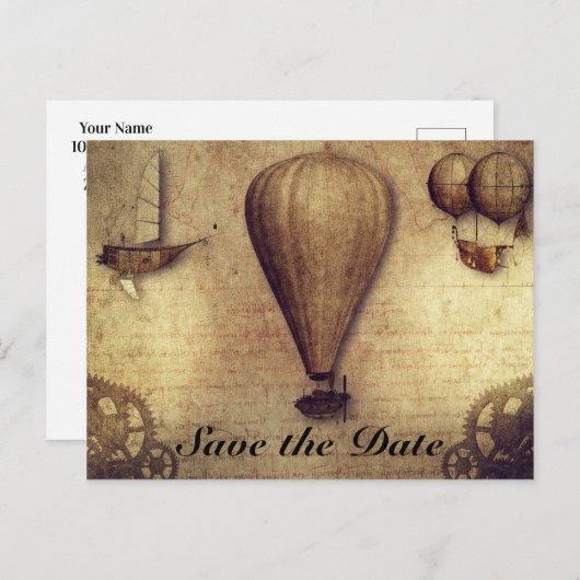  Steampunk Cogs-ballon Opslaan Datum Aankondigingskaart (Voorkant / Achterkant)