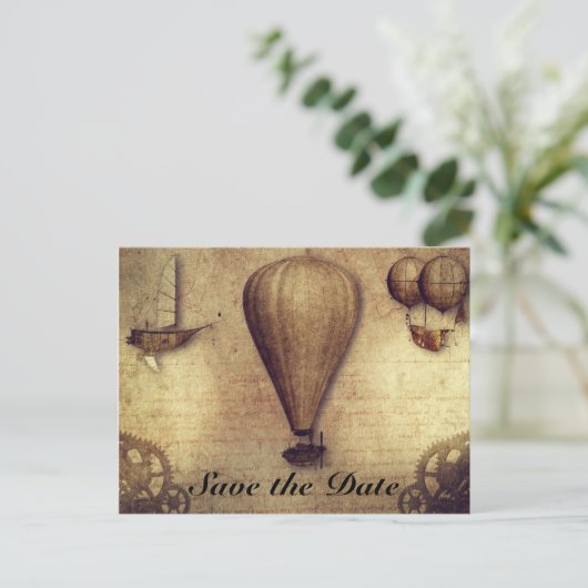  Steampunk Cogs-ballon Opslaan Datum Aankondigingskaart (Staand voorkant)