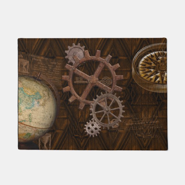 Steampunk Cogs, Gears, Wereldbol & Skelton Key Deurmat (Voorkant)