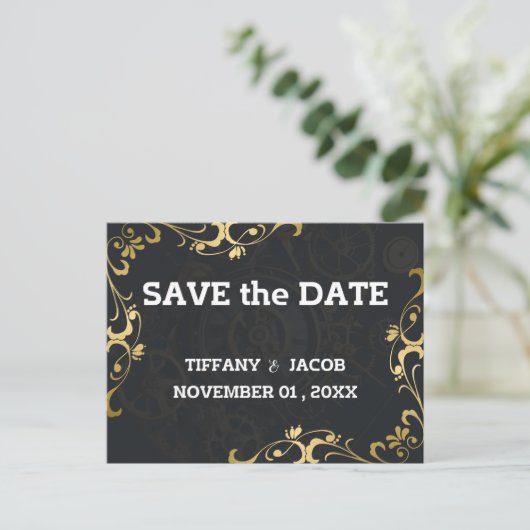 Steampunk  Cogs Save the Date Invitation Briefkaart (Staand voorkant)