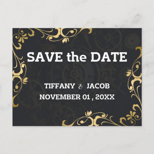 Steampunk  Cogs Save the Date Invitation Briefkaart (Voorkant)
