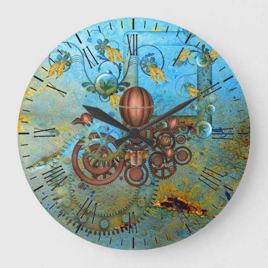 Steampunk Collage Aqua Cuivre Horloge murale (Recto)