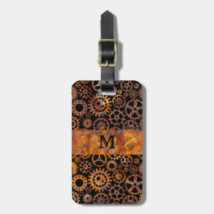 Steampunk Colorful Rusty Steel Gears Monogram Bagagelabel