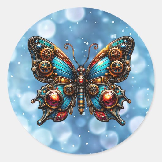 Steampunk Copper Metal Gears Butterfly Ronde Sticker (Voorkant)