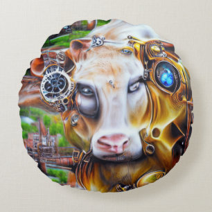 Steampunk Cyber Koe Rond Kussen
